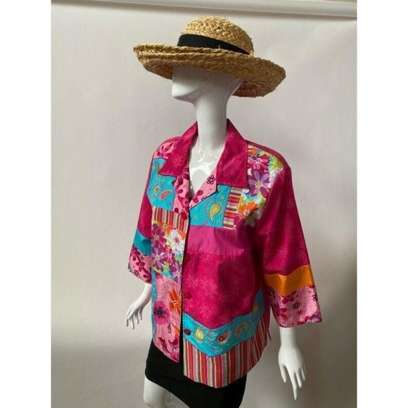 Diane Gilman Womens Silk Blend Jacket Pink Turquoi - Picture 4 of 10